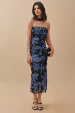 Rochie midi -  imprimeu floral - slim fit - albastru - jerseu