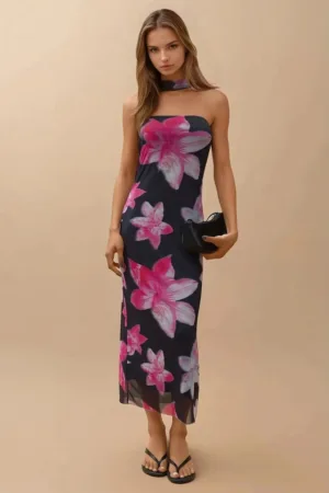 Rochie midi -  imprimeu floral - slim fit - roz - jerseu