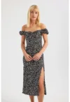Rochie midi -  imprimeu floral - umeri goi - neagra - textil