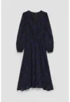 Rochie midi  imprimeu frunze albastre - maneci bufante