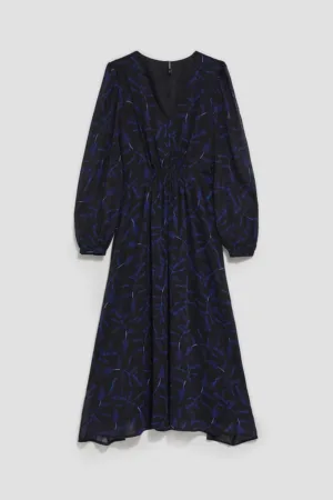 Rochie midi  imprimeu frunze albastre - maneci bufante