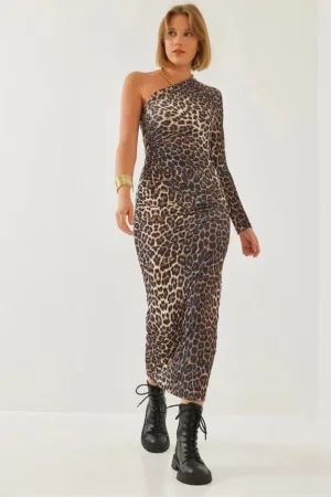 Rochie midi -  imprimeu leopard - guler asimetric - maro - poliester