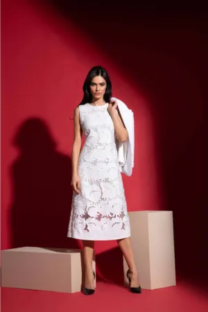 Rochie midi in A cu dantela Guipure - Alb optic