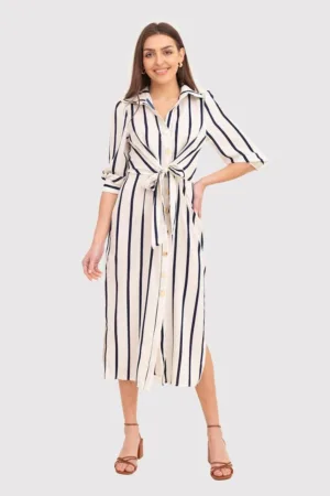 Rochie midi in dungi crem cu nasturi si maneci 3/4 DA1794 CREAM/NAVY