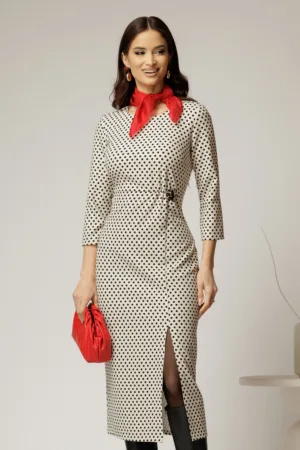 Rochie midi ivoar cu buline negre si detaliu pe talie