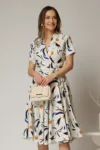Rochie midi ivoar cu imprimeu cu aspect petrecut si cordon in talie