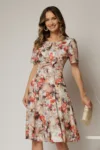Rochie midi ivoar cu imprimeu floral cu funda la umar si croi in clini