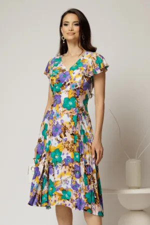 Rochie midi ivoar in clini cu imprimeuri florale mov din viscoza