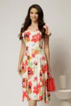 Rochie midi ivoar in clini cu imprimeuri florale rosii din viscoza