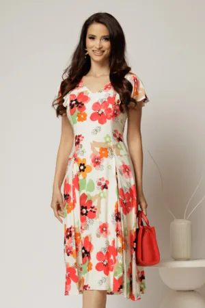 Rochie midi ivoar in clini cu imprimeuri florale rosii din viscoza