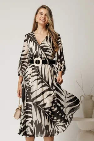 Rochie midi ivory din voal in clos cu imprimeu negru si curea in talie
