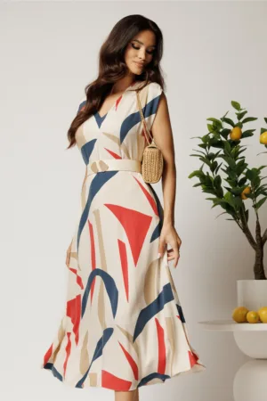 Rochie midi ivory in clos din tencel cu imprimeu rosu si curea in talie