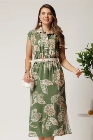 Rochie midi kaki cu imprimeu roz din tencel cu elastic si curea in talie