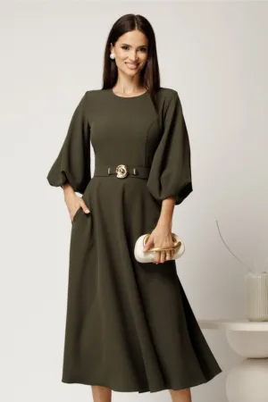 Rochie midi kaki din crep in clos cu maneci bufante si curea in talie