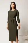 Rochie midi kaki din stofa conica cu pense si accesoriu in talie