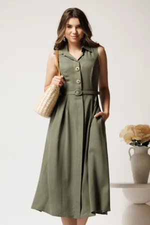 Rochie midi kaki din tencel in clos cu nasturi si curea