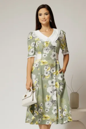 Rochie midi kaki din vascoza cu imprimeu floral si guler alb brodat