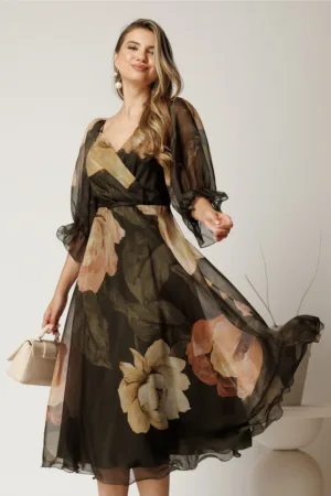 Rochie midi kaki din voal in clos cu imprimeuri florale maro