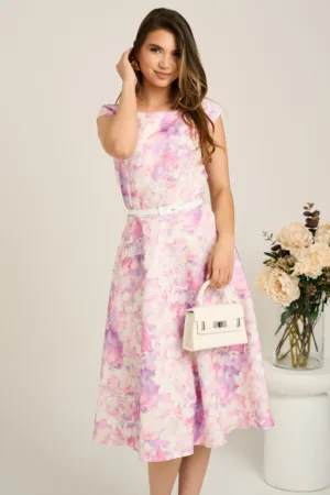 Rochie midi lila cu flori in clos cu buzunare si curea in talie