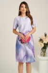 Rochie midi lila cu imprimeu fucsia din stofa cu croi drept