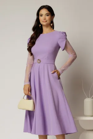 Rochie midi lila cu maneci din dantela si cordon detasabil