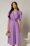 Rochie midi lila de ocazie cu pliuri pe bust si cordon detasabi cu flori