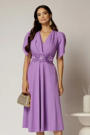Rochie midi lila de ocazie cu pliuri pe bust si cordon detasabi cu flori