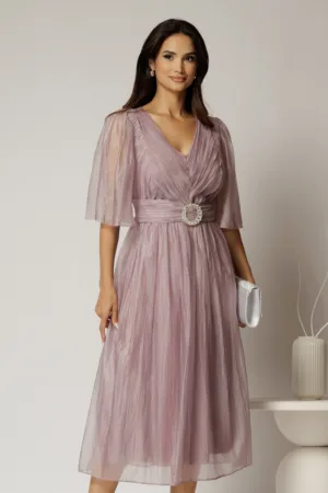 Rochie midi lila de ocazie din matase sintetica creponata