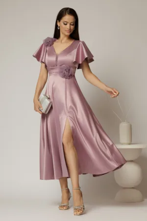 Rochie midi lila de ocazie din tafta cu maneci evazate si decolteu adanc