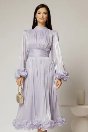 Rochie midi lila de ocazie din voal peliculizat cu maneci ample cu volanase