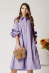 Rochie midi lila din bumbac tip camasa cu croi A