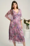 Rochie midi lila din matase naturala cu imprimeuri florale roz- Viada