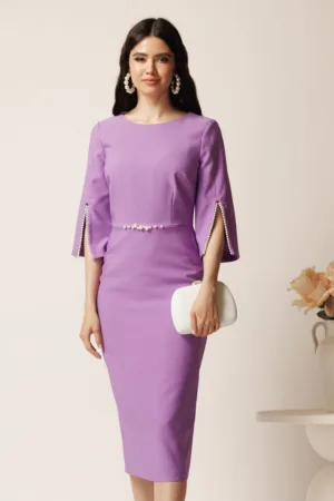 Rochie midi lila din stofa conica cu perle la maneci si in talie- LaDonna