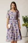 Rochie midi lila din voal in clos cu imprimeuri albastre