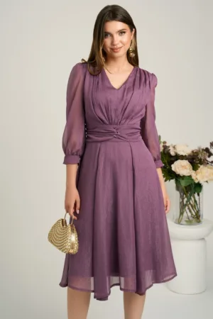 Rochie midi lila in clos din voal cu fir lurex- Ella Collection Gina