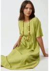 Rochie midi -  linie A - guler rotund - verde masliniu - material textil