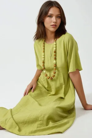 Rochie midi -  linie A - guler rotund - verde masliniu - material textil