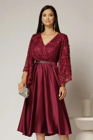 Rochie midi magenta de ocazie din satin si dantela