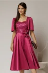 Rochie midi magenta din tafta si paiete cu funda ampla pe talie