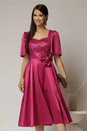 Rochie midi magenta din tafta si paiete cu funda ampla pe talie