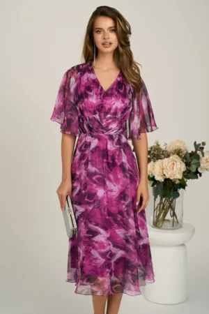 Rochie midi magenta din voal in clos cu imprimeuri si maneci vaporoase
