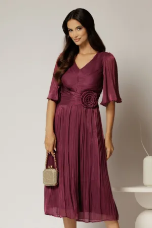 Rochie midi magenta din voal peliculizat cu decolteu V
