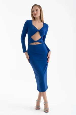 Rochie midi -  maneca lunga - decolteu rotund - albastra - textil