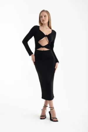 Rochie midi -  maneca lunga - decolteu rotund - neagra - textil