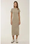 Rochie midi -  maneca scurta - guler rotund - bej - tricotaj