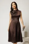 Rochie midi maro de ocazie din satin cu pietricele mici si curea eleganta