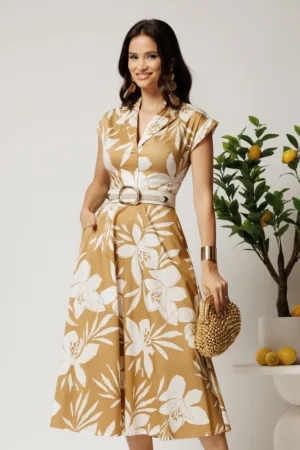 Rochie midi maro din bumbac in clos cu flori si curea in talie