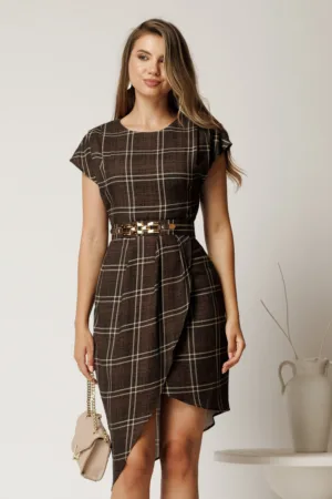 Rochie midi maro din jerse cu carouri si curea in talie