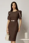 Rochie midi maro din stofa cu croi conic si detalii ivory la maneci