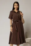 Rochie midi maro din tencel cu guler tip camasa si maneci scurte